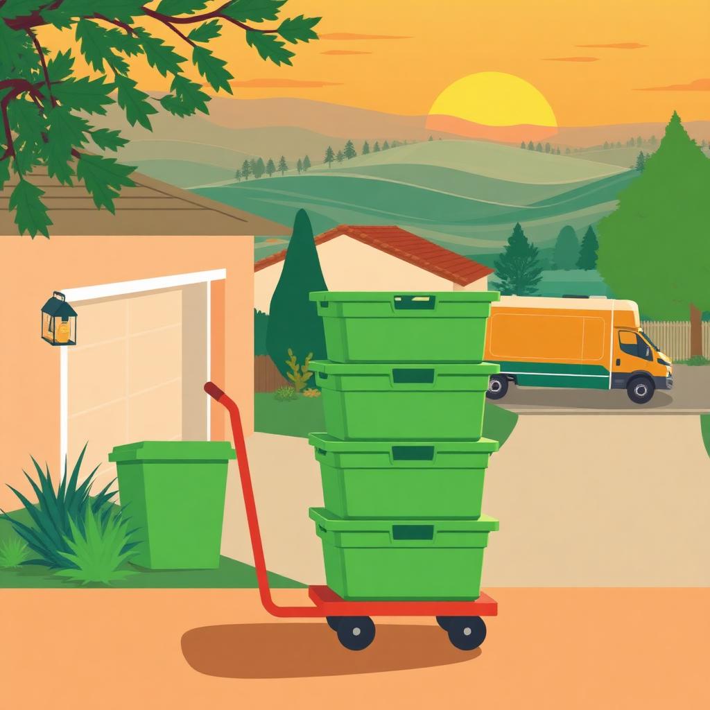 Illustrated Ventura County driveway at sunset with stacked green moving totes on a dolly and a delivery van parked at the curb.