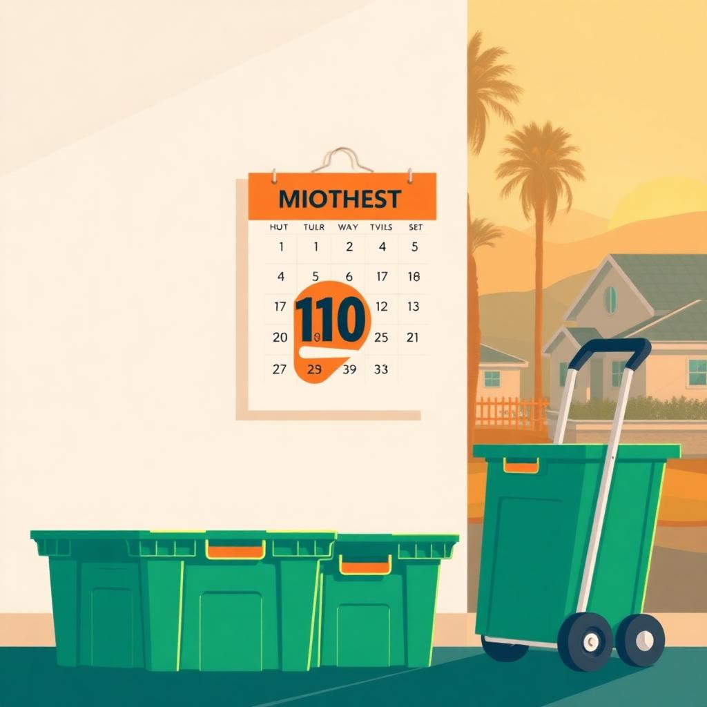 Illustrated wall calendar with a moving date circled in orange, beside stacked green plastic moving totes and a dolly with a Ventura County sunset behind.