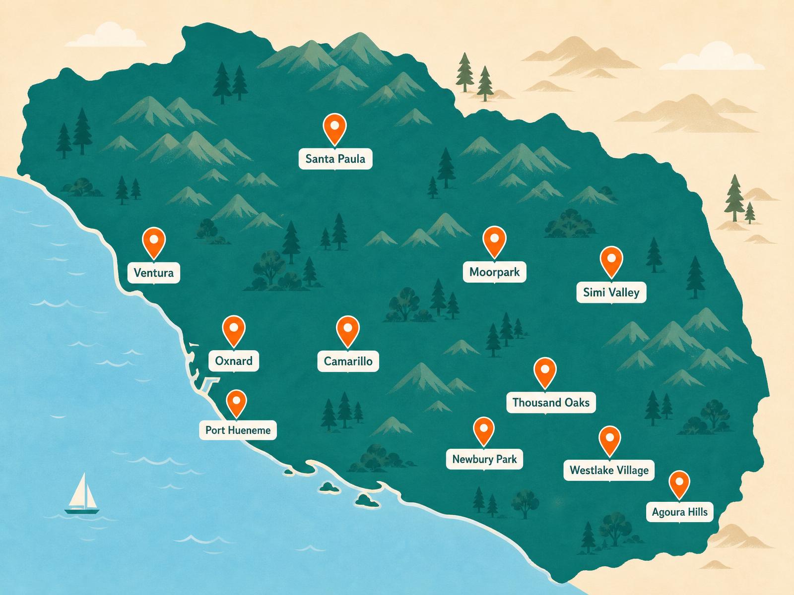 Illustrated map of Ventura County showing 805 Totes service cities: Ventura, Oxnard, Port Hueneme, Camarillo, Thousand Oaks, Newbury Park, Westlake Village, Agoura Hills, Moorpark, Simi Valley, and Santa Paula