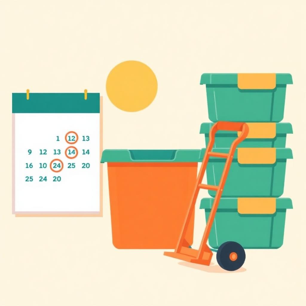 Illustrated calendar with circled dates next to a stack of green moving totes and an orange dolly under a sunny Ventura County sky.