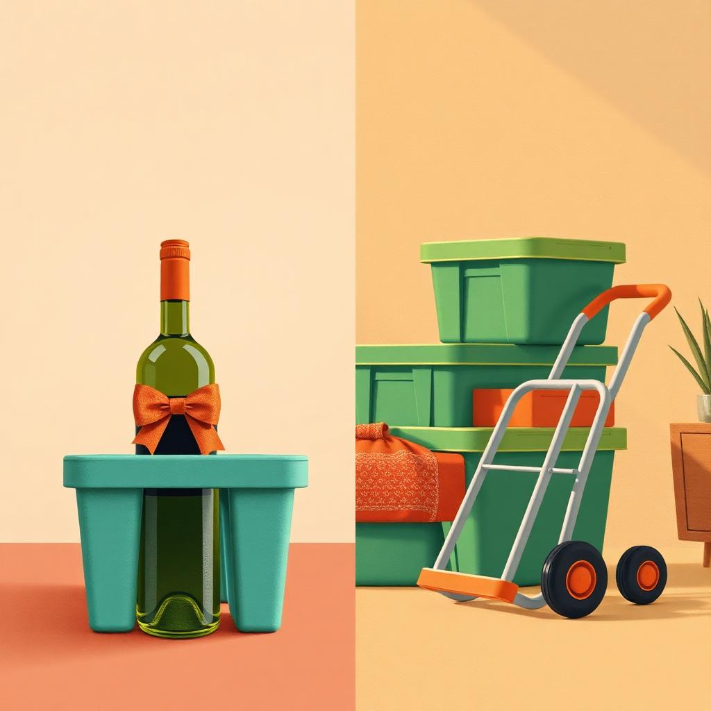 Wine bottle with a bow beside stacked green-lid moving totes and a dolly, comparing closing gift options