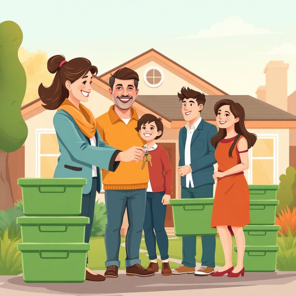 Realtor handing house keys to a family with green-lid moving totes stacked nearby