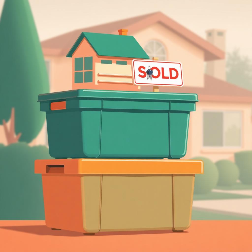Stacked green-lid moving totes with a real estate sold sign in front of a Ventura County home