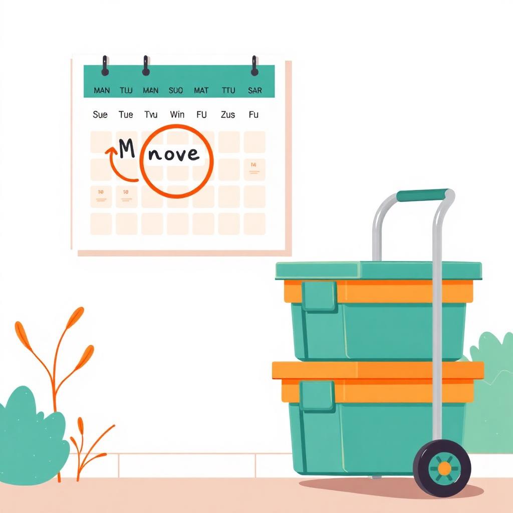 Wall calendar with a circled move date next to a stack of green-lid moving totes and a dolly