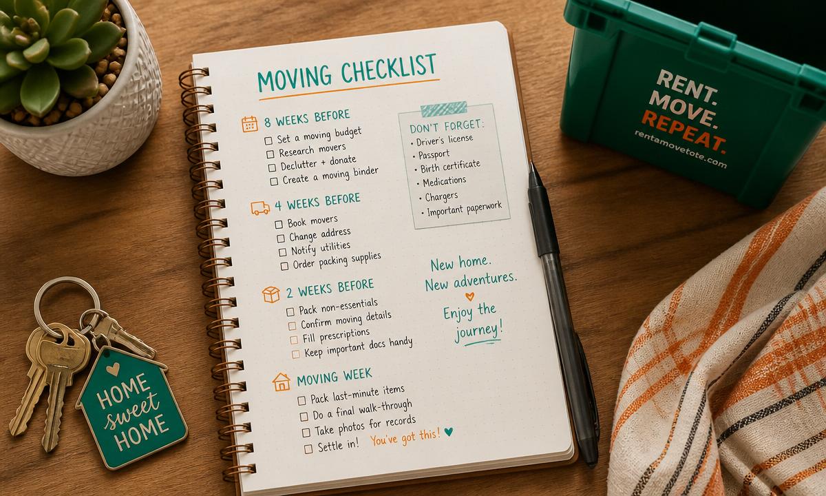 Flat lay of a moving checklist notebook with keys, a succulent, and a green moving tote on a wooden desk.