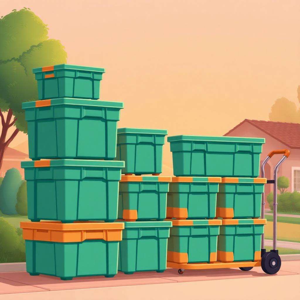 Tiered stacks of green-lid moving totes next to a dolly representing rental packages by home size