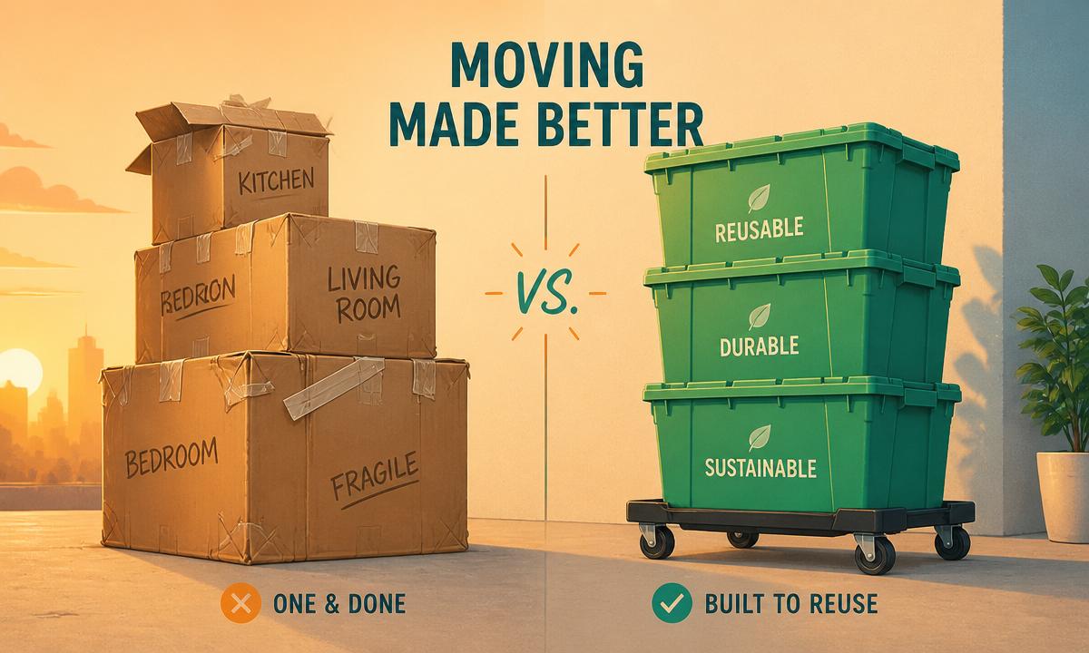 Side-by-side comparison of a stack of cardboard moving boxes and a stack of green reusable moving totes on a dolly.