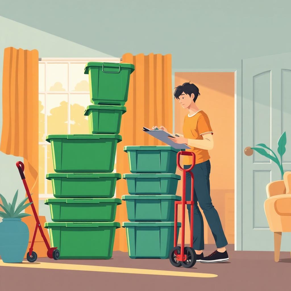Person with a clipboard counting stacked green-lid plastic moving totes next to a red dolly in a Ventura County home